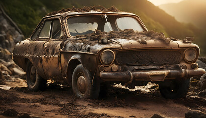 A Dirty Car Driving Through a Forest Trail at Sunset