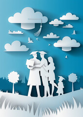 Vector papercut style, graduates hugging family members, holding diplomas, outdoor event