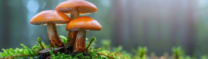 Fototapeta premium Nature's Delicate Dance Mushrooms Emerge in a Misty Forest, a Symphony of Sweet Outdoors and Harmonious Organisms