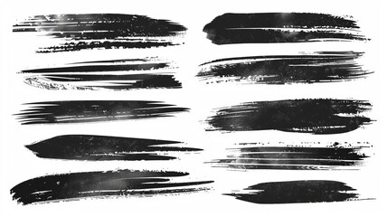 A collection of abstract black brush strokes on a white background, showcasing various textures, lengths, and designs, perfect for creative and artistic projects.