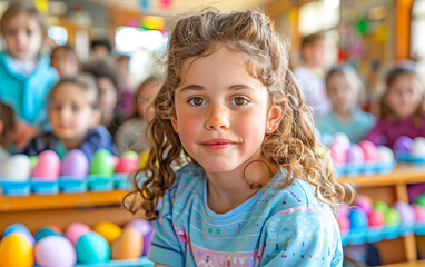 Young girl smiling with colorful Easter eggs around, surrounded by other children in a festive, cheerful classroom setting.
