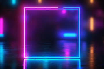 Hyper realistic glowing neon light frame on a dark background, featuring a neon box with a blue and purple gradient, capturing a reflective effect with a realistic square neon banner, glowing border