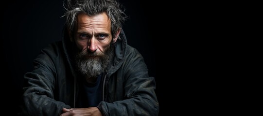 Obraz premium Old homeless poor man with beards sitting on a black background