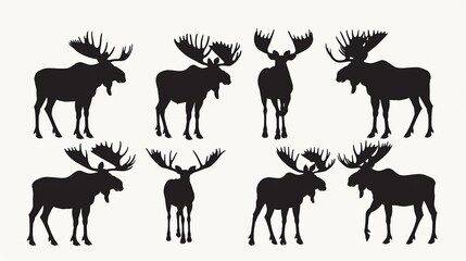 Fototapeta premium An illustration presenting eight silhouettes of moose in different standing positions, showcasing their characteristic antlers and body shapes, depicted in a simple, abstract style.