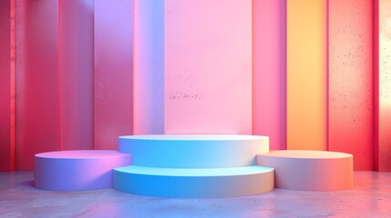 Minimalistic pastel podiums with concrete background in pink, blue, and yellow colors