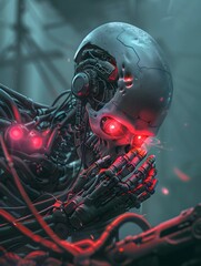 Fototapeta premium A futuristic robot with glowing red eyes and wires, appearing to be in distress or pain.