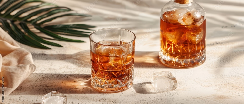 Poster  A bottle of alcohol sits next to a glass with ice cubes on a table Palm tree in the background