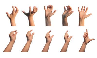 Grabbing, holding, catching and taking, showing size between two fingers, gesture set. Kids hands with something, holding product isolated on white background.., transparent PNG