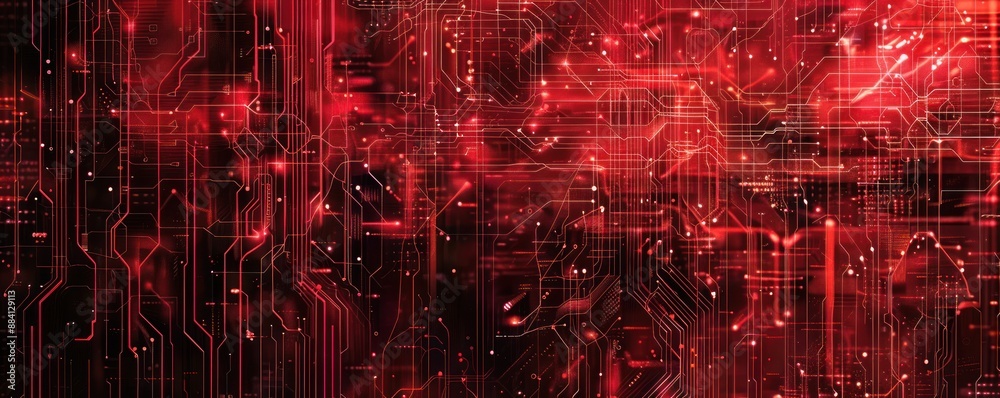 Poster glowing red circuit board with binary code and electrical pulses