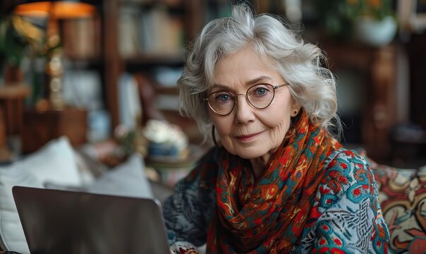 An older senior woman works with a laptop computer on a table at home, demonstrating the concept of technology and mature people.