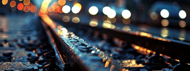  A clearer photo of a train track at night with distinct lights in the background and a sharper image of a train track in the foreground