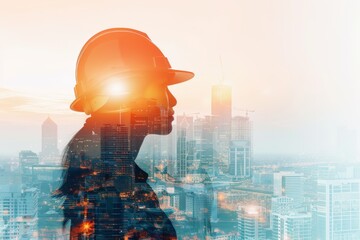 Silhouette of a Woman in a Hard Hat Against a Cityscape