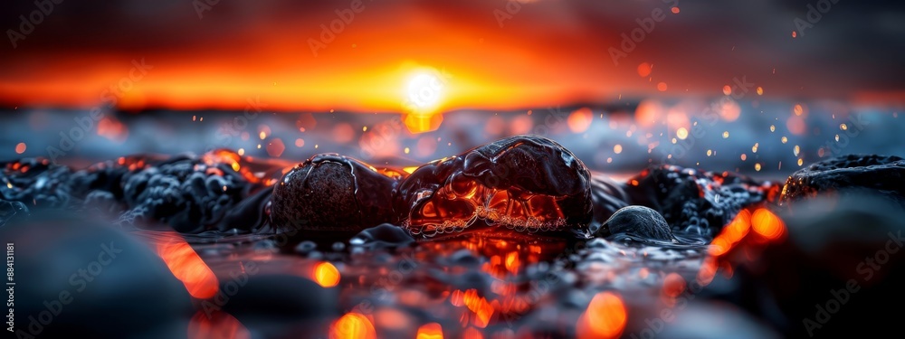 Poster  A collection of rocks atop a sandy shore, overlooking a body of water during sunset