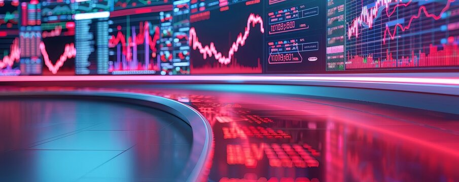 Holographic stock analysis, futuristic city backdrop, digital screens