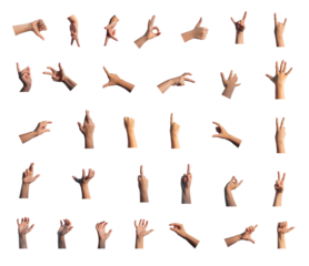 Hand gestures, kids fingers signs set isolated on white background. Thumb up and down, horns, victory, grab, hold. Anatomy positions., transparent PNG