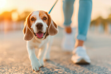 Beagle dog walks on a leash with its owner, the dog is smiling at the camera