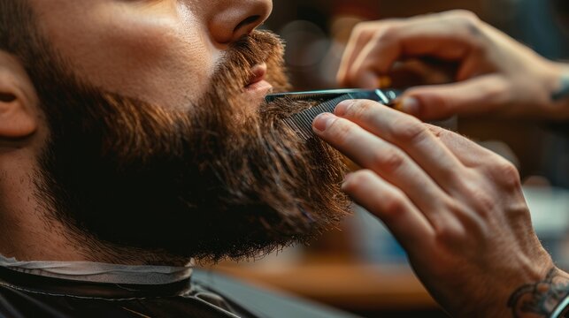 Barbershop: Close-up of a Man Getting His Beard Trimmed