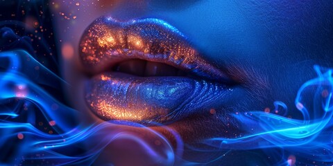 Obraz premium Abstract image of glowing lips with futuristic digital effects, symbolizing beauty and technology integration.