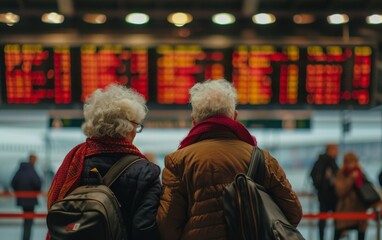 Obraz premium Elderly travelers inspecting a departure board in a bustling train station