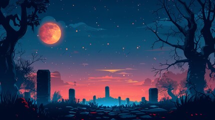 Mysterious Graveyard at Night with Full Moon and Red Sky