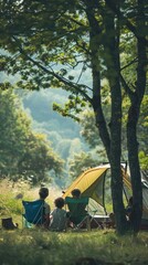 Family Camping In The Forest Under A Large Tree On A Sunny Day