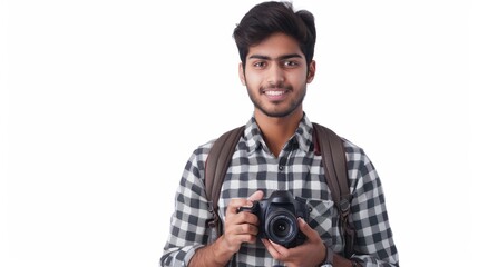 Smiling Young Man Holding Camera, Wearing Plaid Shirt and Backpack
