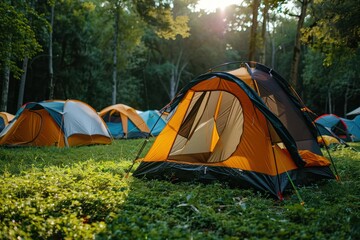 Yellow Camping Tent in a Forest Clearing at Sunset