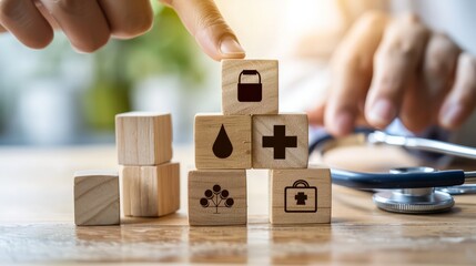 Healthcare Strategy: Building a Strong Foundation: A hand carefully places a wooden block with a medical bottle icon on top of a pyramid structure, symbolizing the foundation of healthcare.