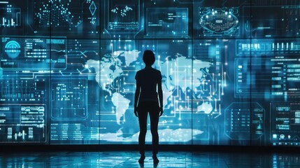 Woman Standing Before Large Digital Screen Displaying World Map and Data