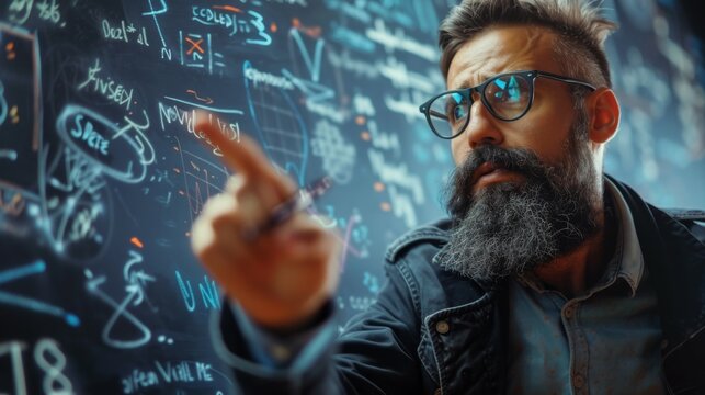 In a dynamic environment, a teacher wearing glasses enthusiastically illustrates advanced mathematical equations on a blackboard, surrounded by detailed scientific notations and concepts.