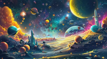 A Vibrant Cosmic Landscape With Floating Planets and Stars