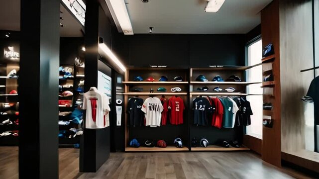 Sports Apparel Store with Clothing Display on Wooden Shelves