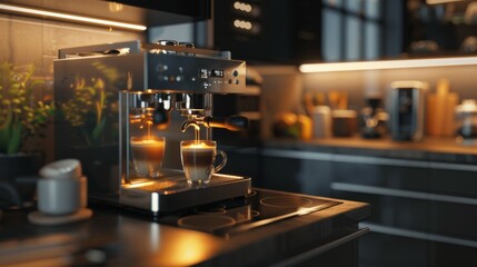 A stylish, cutting-edge espresso machine in a modern kitchen, brewing an invigorating espresso coffee at dawn, with warm lighting and contemporary kitchen elements.