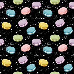Colorful macarons pattern on black background, vector design, soft pastel colors, white accents