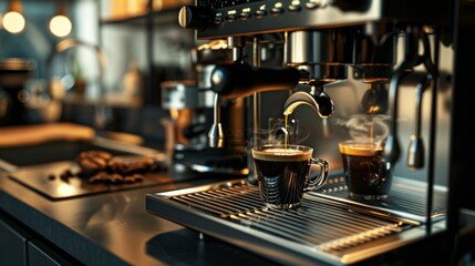 An espresso machine steaming coffee in a cozy, modern kitchen, with warm lighting illuminating a romantic morning atmosphere, surrounded by neatly organized kitchen essentials.