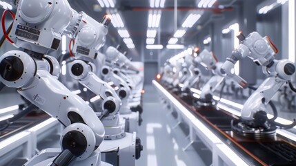 Fototapeta premium Step into our advanced industrial factory, where robots perform intricate manufacturing tasks with unmatched precision, driving productivity and quality.