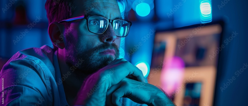 Wall mural  A man sits in a dimly lit room, surrounded by blue and pink hued walls, intently focusing on a computer monitor