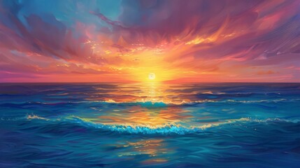 Obraz premium The sun sets on the horizon, painting the sky with hues of orange and pink while the sea reflects the stunning colors. A scene of pure tranquility