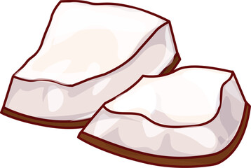 Two pieces of coconut flesh are lying on a white background