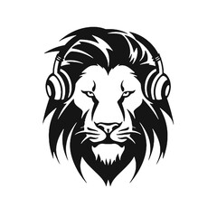 lion wearing headphones silhouette. isolated on white background. Vector illustration