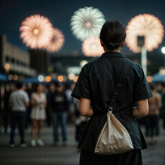 Obraz premium People stand and watch the festival with fireworks lighting up beautifully at night