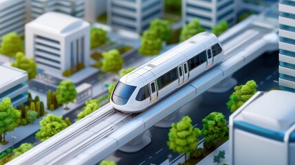 Naklejka premium A sleek, modern monorail glides through a vibrant cityscape, representing urban transportation and futuristic infrastructure.