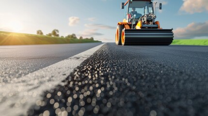 A road roller compacting fresh asphalt on a new road, highlighting construction and infrastructure development at sunrise.