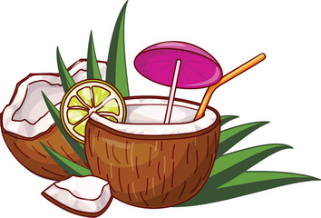 Refreshing coconut cocktail with a straw and a slice of lime on a white background