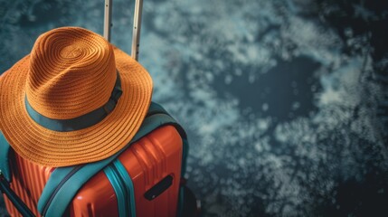 Stylish straw hat on top of a bright orange suitcase with blue backpack against blurred airport floor background