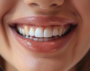 Obraz premium Dental clinic patient undergoes oral healthcare treatment with a dentist examining her smiling mouth.