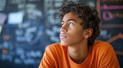 Fototapeta premium A child is captured in thoughtful contemplation, with their face blurred and wearing an orange shirt, against a blurred background of a classroom or educational setting.