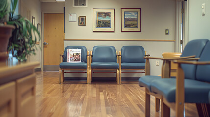 Fototapeta premium A waiting room with a few chairs and a magazine rack