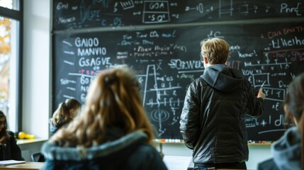 A student stands in front of a chalkboard filled with scientific equations, explaining concepts to classmates. The image highlights peer-to-peer learning and critical thinking.