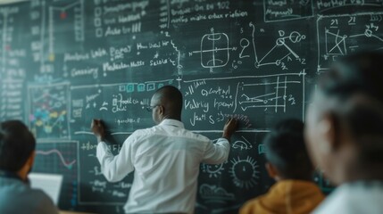 A teacher explains complex scientific equations on a chalkboard to attentive students in a classroom, emphasizing the importance of detailed understanding in formal education.